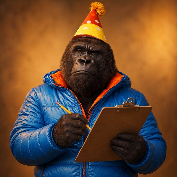 Gerry, a gorilla in a blue puffer jacket and a party hat