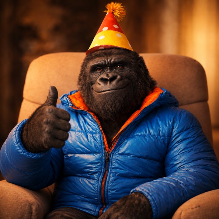 Gerry, a gorilla in a blue puffer jacket and a party hat