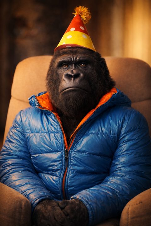 Gerry, a gorilla in a blue puffer jacket and a party hat
